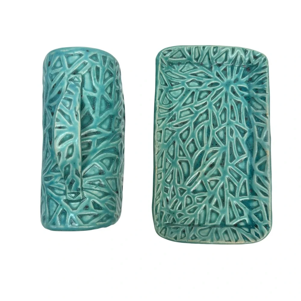 Studio‎ Pottery Butter Dish Handmade Geometric Textured Teal Blue MCM Sculptural